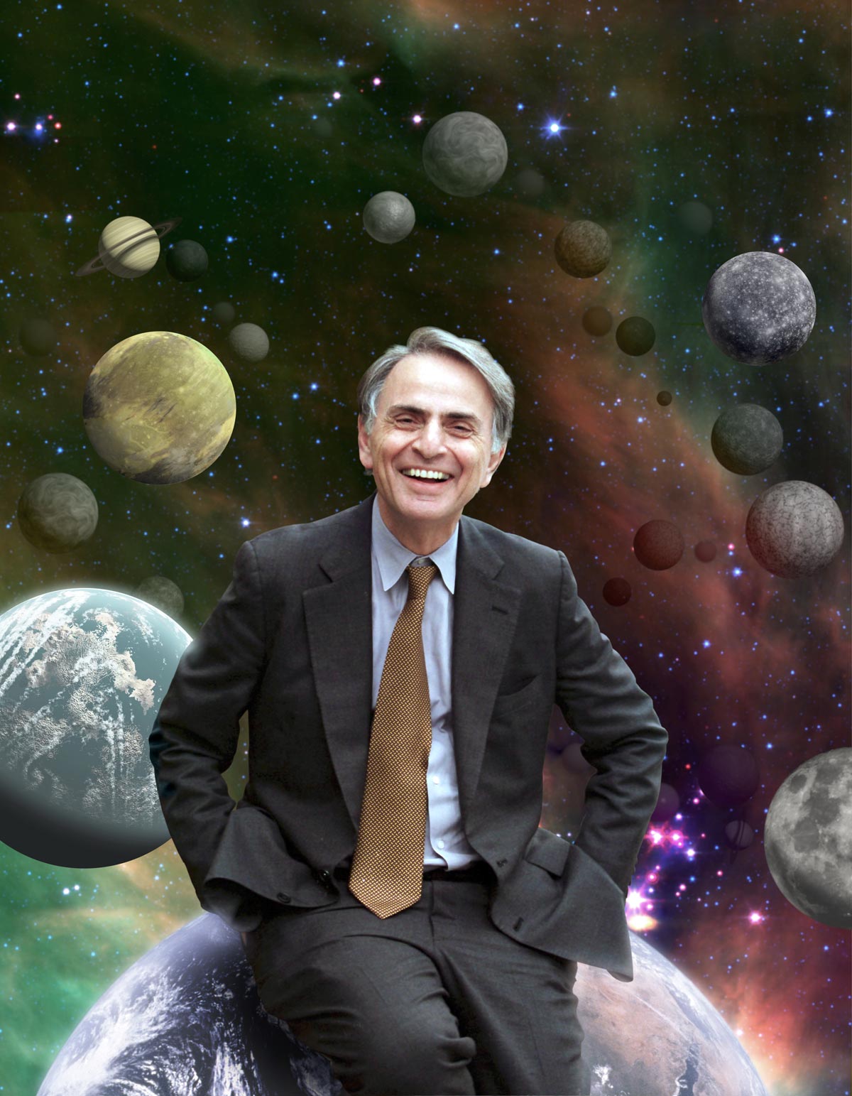 Carl Sagan portrayed leaning on Earth
